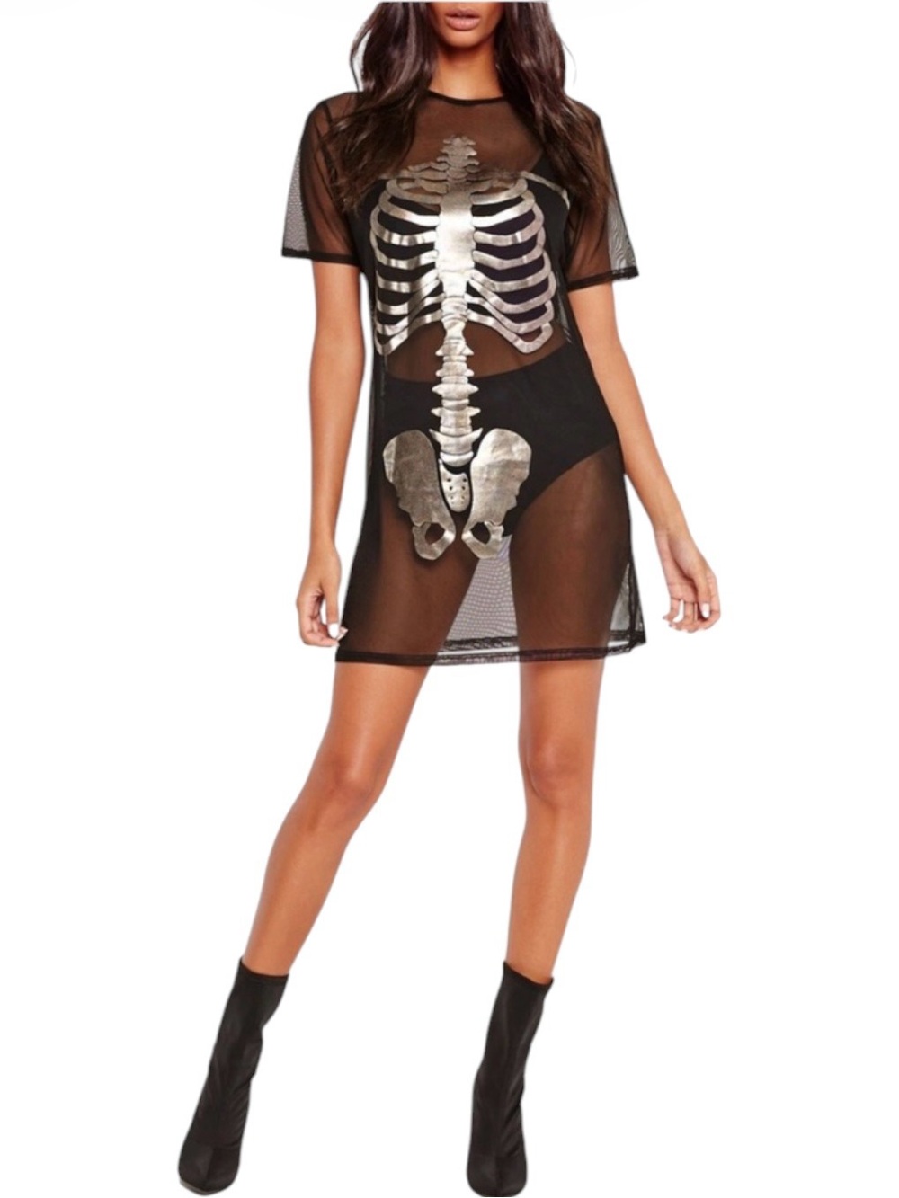NWT Boohoo Black Mesh T-Shirt Mini Dress with Silver Skeleton Design